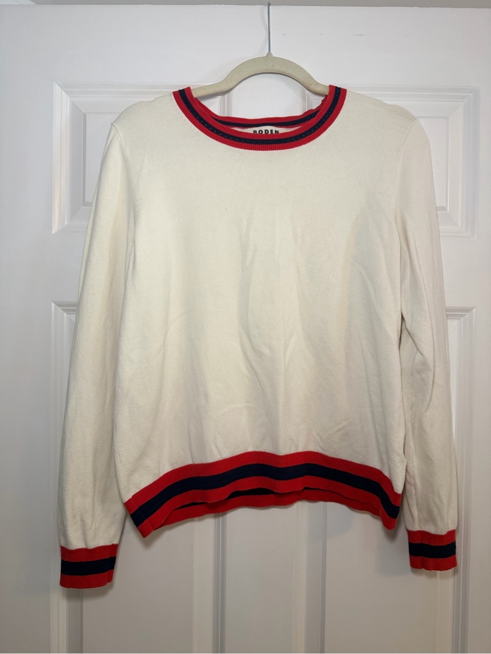 Boden Cream Crewneck Sweater with Red & Navy Trim